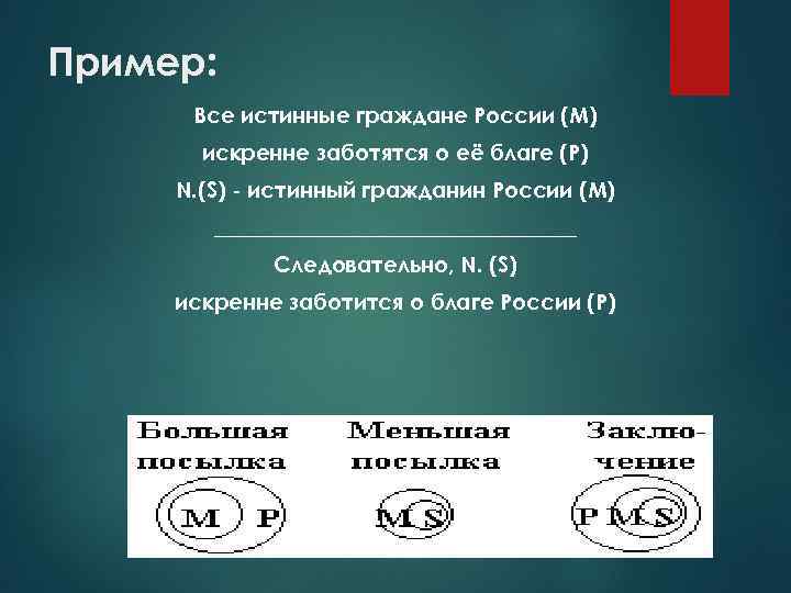 Пример: Все истинные граждане России (М) искренне заботятся о её благе (Р) N. (S)