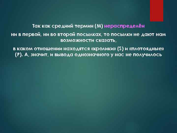 Так как средний термин (М) нераспределён ни в первой, ни во второй посылках, то
