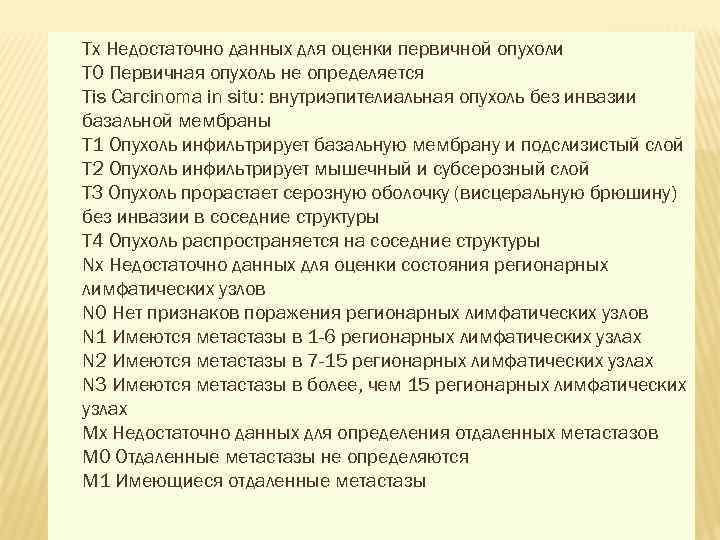 Тx Недостаточно данных для оценки первичной опухоли Т 0 Первичная опухоль не определяется Тis