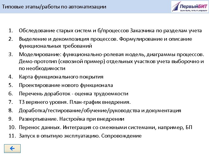 Типовые этапы/работы по автоматизации 1. Обследование старых систем и б/процессов Заказчика по разделам учета