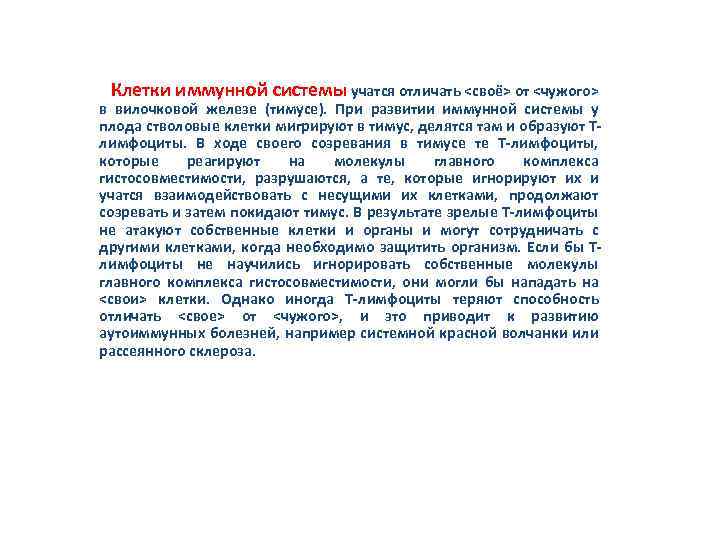  Клетки иммунной системы учатся отличать <своё> от <чужого> в вилочковой железе (тимусе). При