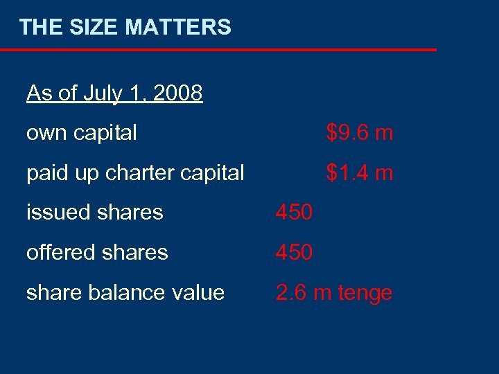 THE SIZE MATTERS As of July 1, 2008 own capital $9. 6 m paid