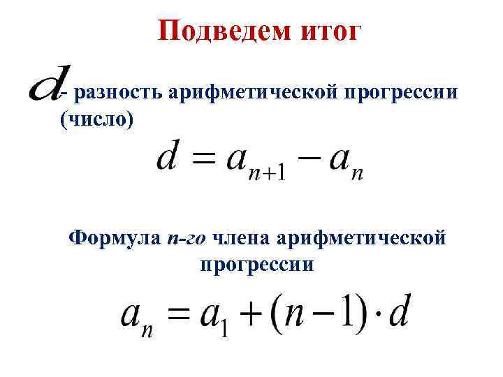 Подведем итог - разность арифметической прогрессии (число) Формула n-го члена арифметической прогрессии 