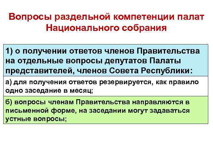 Вопросы раздельной компетенции палат Национального собрания 1) о получении ответов членов Правительства на отдельные