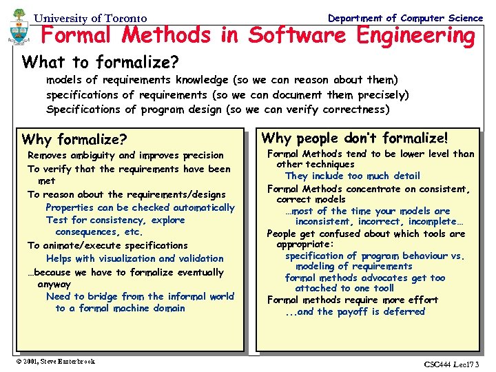 University of Toronto Department of Computer Science Formal Methods in Software Engineering What to