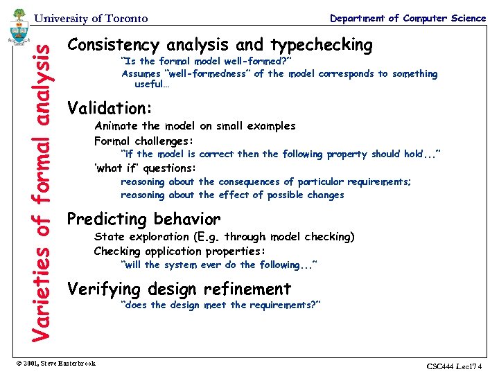 Varieties of formal analysis University of Toronto Department of Computer Science Consistency analysis and