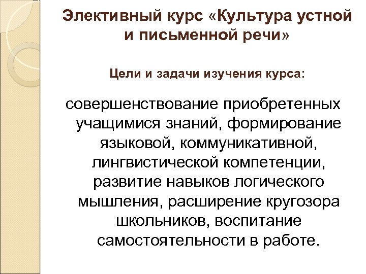 Элективный курс «Культура устной и письменной речи» Цели и задачи изучения курса: совершенствование приобретенных
