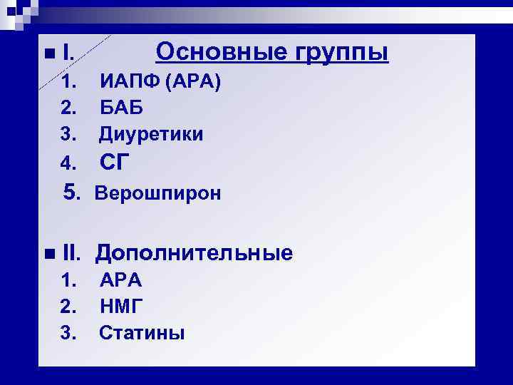 n I. Основные группы 1. ИАПФ (АРА) 2. БАБ 3. Диуретики 4. СГ 5.