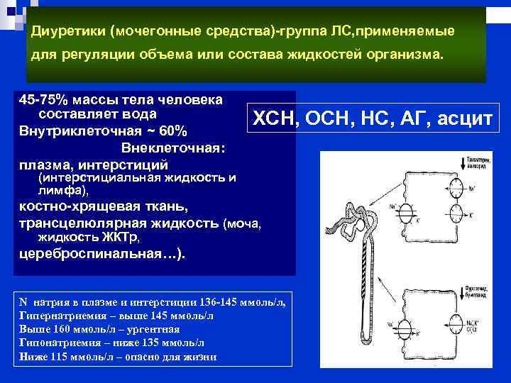 Диуретики (мочегонные средства)-группа ЛС, применяемые для регуляции объема или состава жидкостей организма. 45 -75%