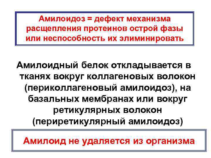 Амилоидоз = дефект механизма расщепления протеинов острой фазы или неспособность их элиминировать Амилоидный белок