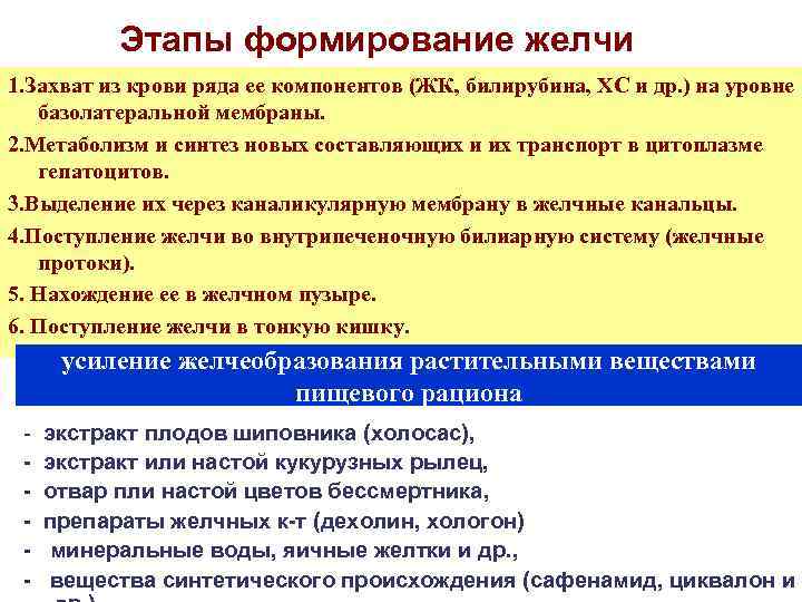 Этапы формирование желчи 1. Захват из крови ряда ее компонентов (ЖК, билирубина, ХС и