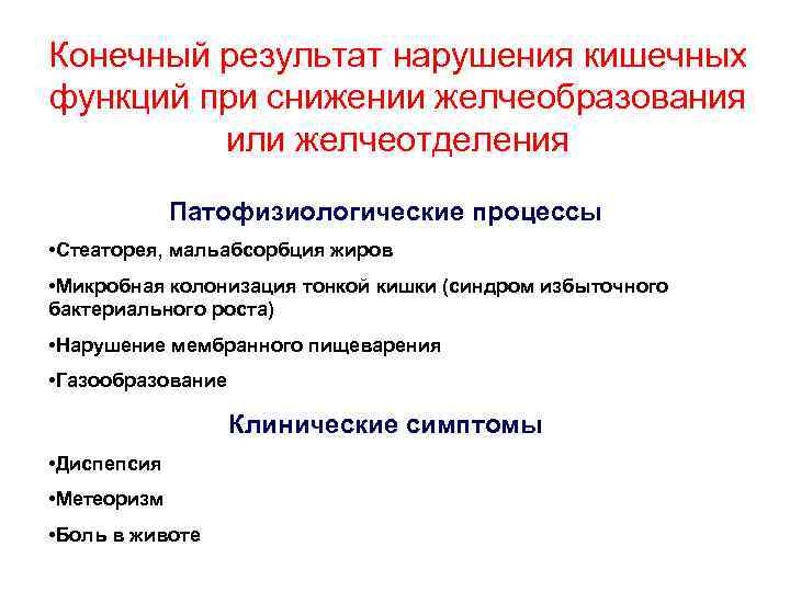 Конечный результат нарушения кишечных функций при снижении желчеобразования или желчеотделения Патофизиологические процессы • Стеаторея,