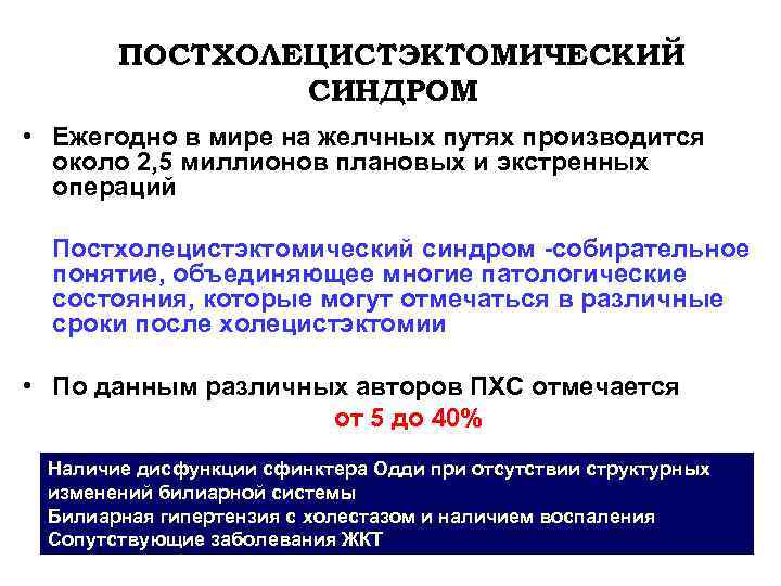 ПОСТХОЛЕЦИСТЭКТОМИЧЕСКИЙ СИНДРОМ • Ежегодно в мире на желчных путях производится около 2, 5 миллионов