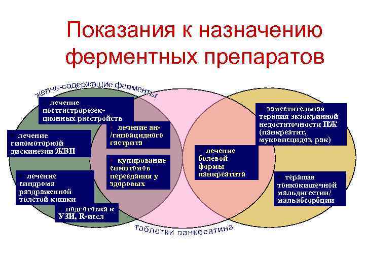 Показания к назначению ферментных препаратов • лечение постгастрорезекционных расстройств • лечение ан/гипоацидного • лечение