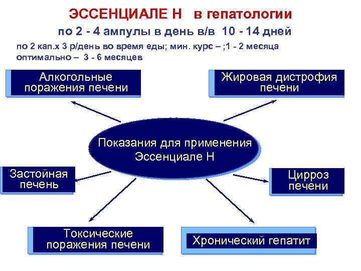 ЭССЕНЦИАЛЕ Н в гепатологии по 2 - 4 ампулы в день в/в 10 -