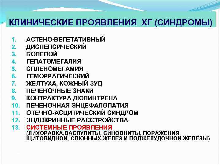 КЛИНИЧЕСКИЕ ПРОЯВЛЕНИЯ ХГ (СИНДРОМЫ) 1. 2. 3. 4. 5. 6. 7. 8. 9. 10.