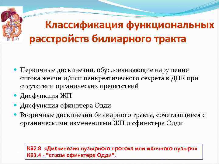 Классификация функциональных расстройств билиарного тракта Первичные дискинезии, обусловливающие нарушение оттока желчи и/или панкреатического секрета