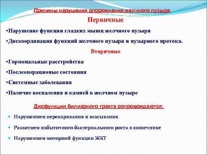 Причины нарушения опорожнения желчного пузыря Первичные • Нарушение функции гладких мышц желчного пузыря •