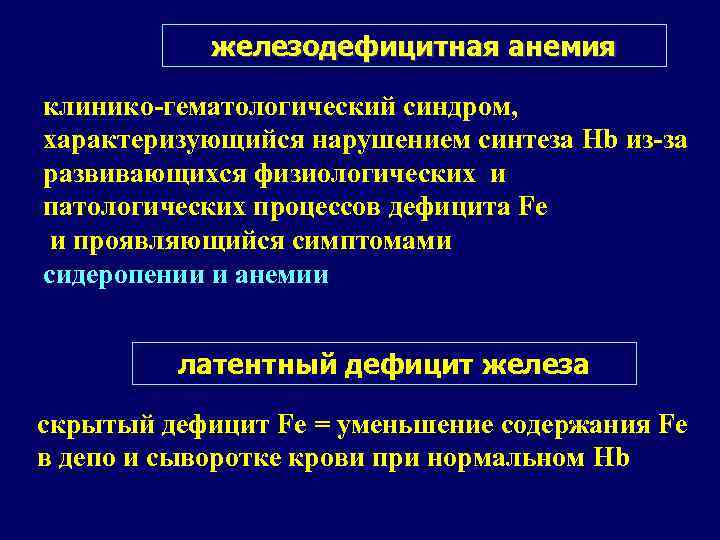 железодефицитная анемия клинико-гематологический синдром, характеризующийся нарушением синтеза Hb из-за развивающихся физиологических и патологических процессов