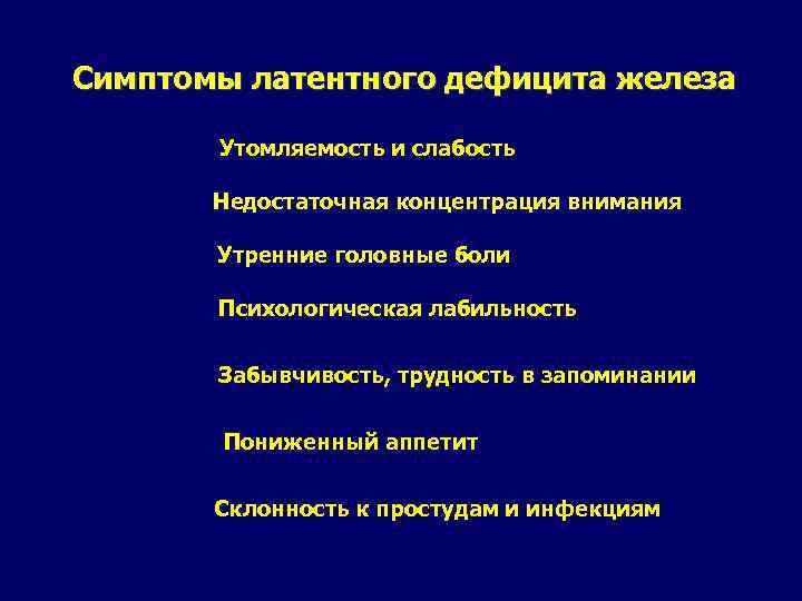 Симптомы латентного дефицита железа Утомляемость и слабость Недостаточная концентрация внимания Утренние головные боли Психологическая