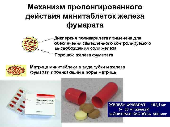 Механизм пролонгированного действия минитаблеток железа фумарата Дисперсия полиакрилата применена для обеспечения замедленного контролируемого высвобождения