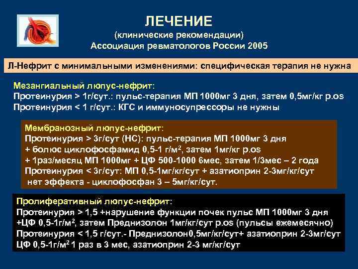 ЛЕЧЕНИЕ (клинические рекомендации) Ассоциация ревматологов России 2005 Л-Нефрит с минимальными изменениями: специфическая терапия не