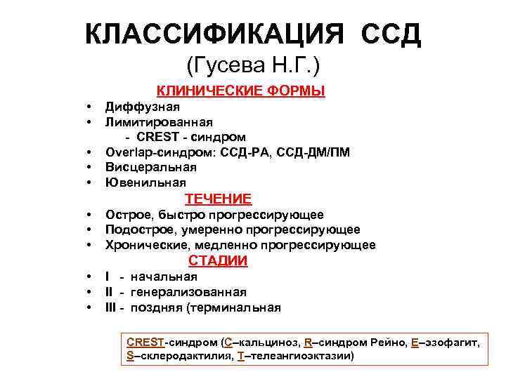КЛАССИФИКАЦИЯ ССД (Гусева Н. Г. ) КЛИНИЧЕСКИЕ ФОРМЫ • Диффузная • Лимитированная - CREST