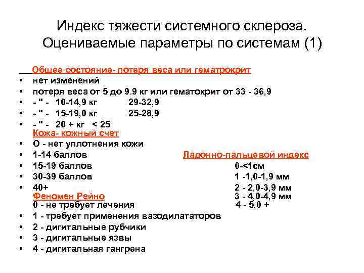 Индекс тяжести системного склероза. Оцениваемые параметры по системам (1) Общее состояние- потеря веса или