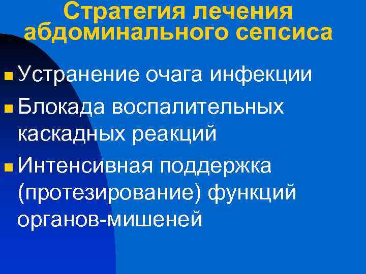 Стратегия лечения абдоминального сепсиса Устранение очага инфекции n Блокада воспалительных каскадных реакций n Интенсивная