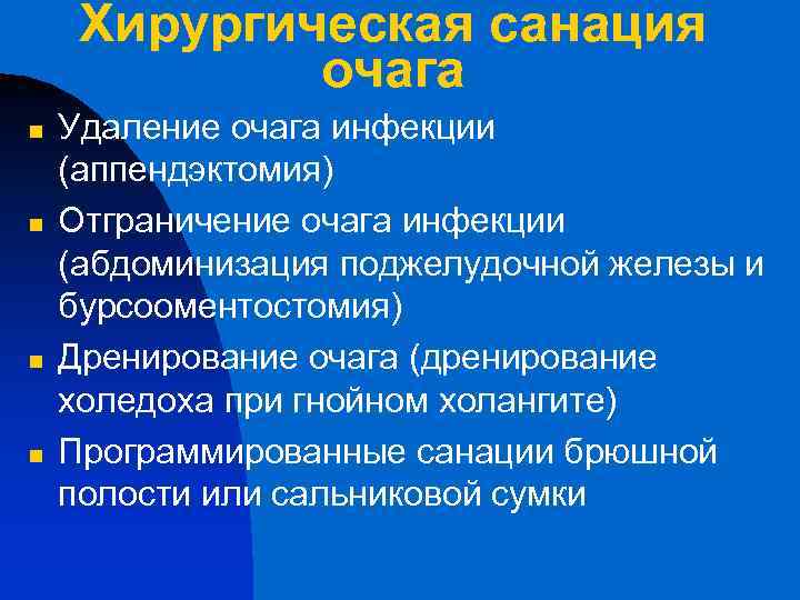 Хирургическая санация очага n n Удаление очага инфекции (аппендэктомия) Отграничение очага инфекции (абдоминизация поджелудочной