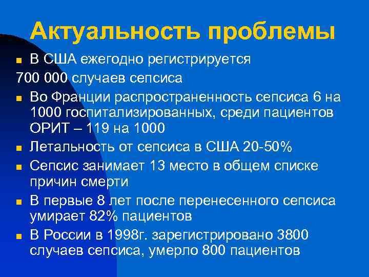 Актуальность проблемы В США ежегодно регистрируется 700 000 случаев сепсиса n Во Франции распространенность