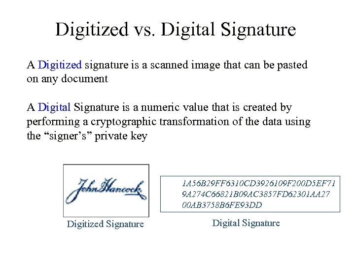 Digitized vs. Digital Signature A Digitized signature is a scanned image that can be