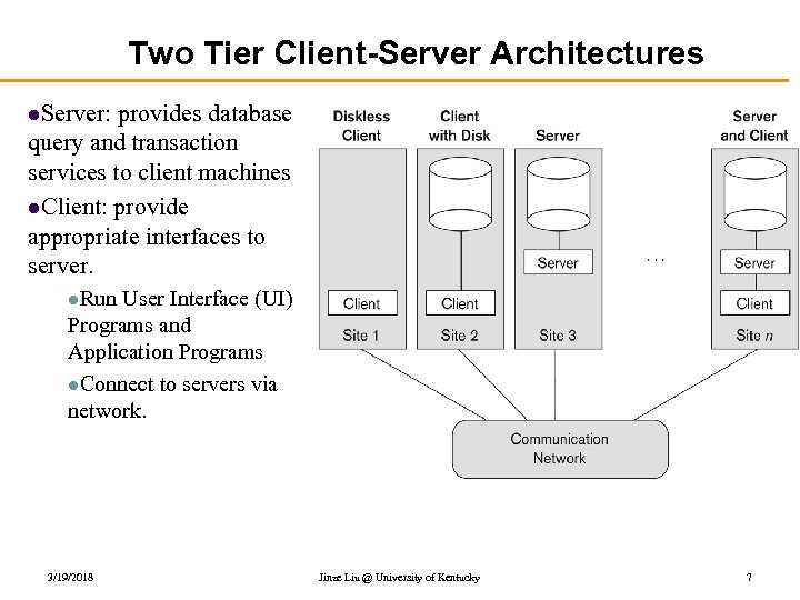 Two Tier Client-Server Architectures l. Server: provides database query and transaction services to client