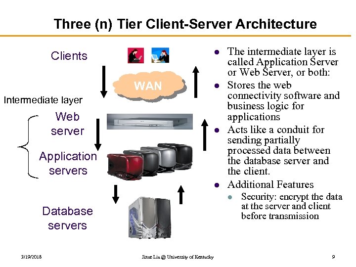 Three (n) Tier Client-Server Architecture l Clients WAN l Intermediate layer Web server l