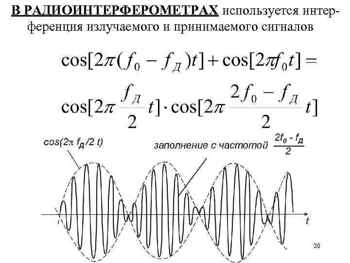 В РАДИОИНТЕРФЕРОМЕТРАХ используется интерференция излучаемого и принимаемого сигналов 20 