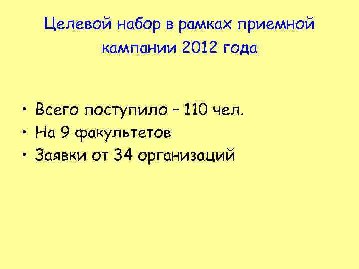 Целевой набор в рамках приемной кампании 2012 года • Всего поступило – 110 чел.