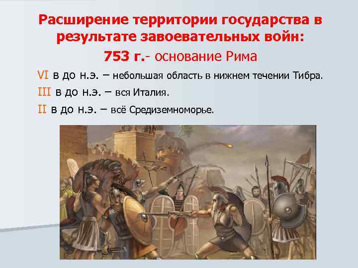 Расширение территории государства в результате завоевательных войн: 753 г. - основание Рима VI в