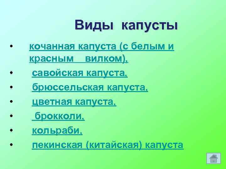 Виды капусты • • кочанная капуста (с белым и красным вилком), савойская капуста, брюссельская