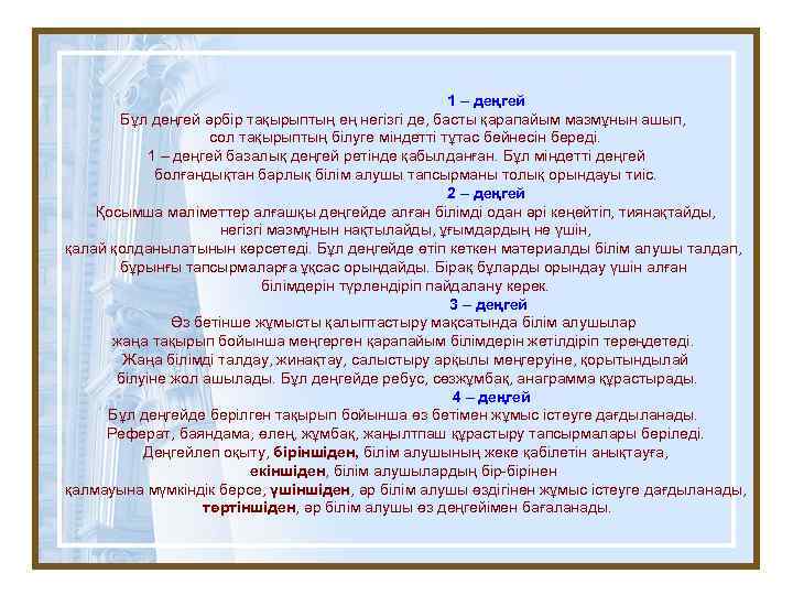 1 – деңгей Бұл деңгей әрбір тақырыптың ең негізгі де, басты қарапайым мазмұнын ашып,