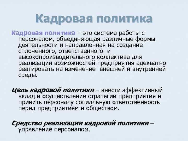 Кадровая политика – это система работы с персоналом, объединяющая различные формы деятельности и направленная