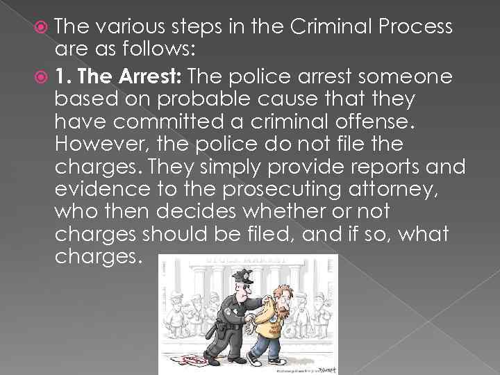 The various steps in the Criminal Process are as follows: 1. The Arrest: The