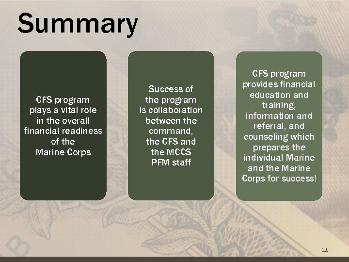 Summary CFS program plays a vital role in the overall financial readiness of the
