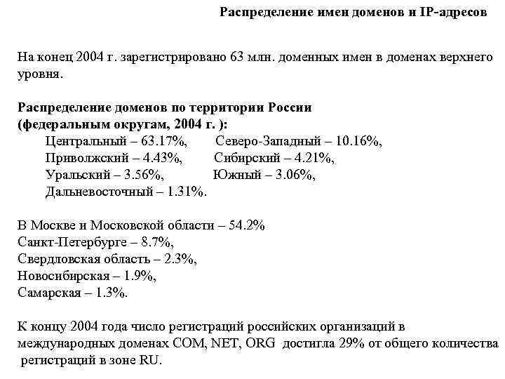 Распределение имен доменов и IP-адресов На конец 2004 г. зарегистрировано 63 млн. доменных имен