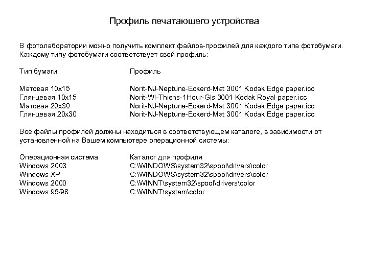 Профиль печатающего устройства В фотолаборатории можно получить комплект файлов-профилей для каждого типа фотобумаги. Каждому