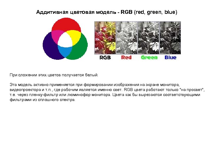 Аддитивная цветовая модель - RGB (red, green, blue) При сложении этих цветов получается белый.