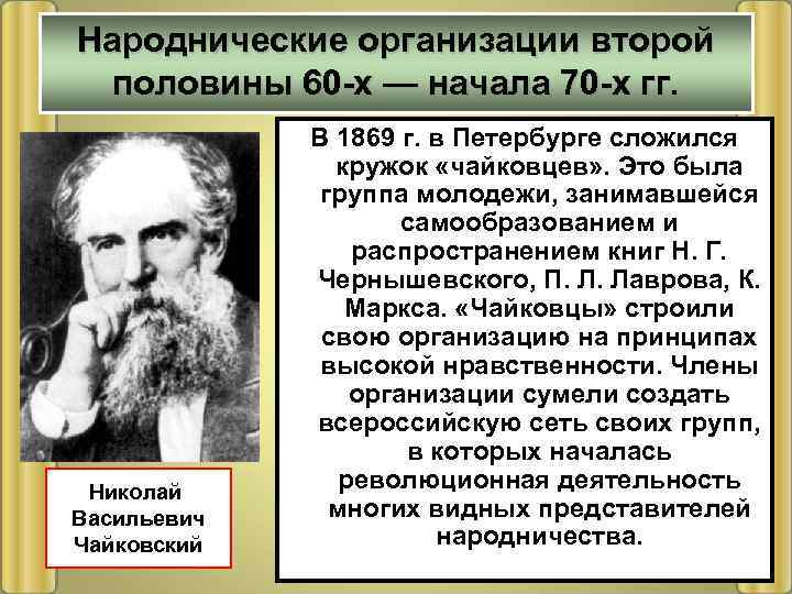 Народнические организации второй половины 60 -х — начала 70 -х гг. Николай Васильевич Чайковский