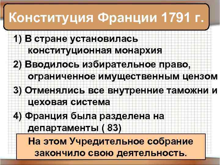 Конституция Франции 1791 г. 1) В стране установилась конституционная монархия 2) Вводилось избирательное право,