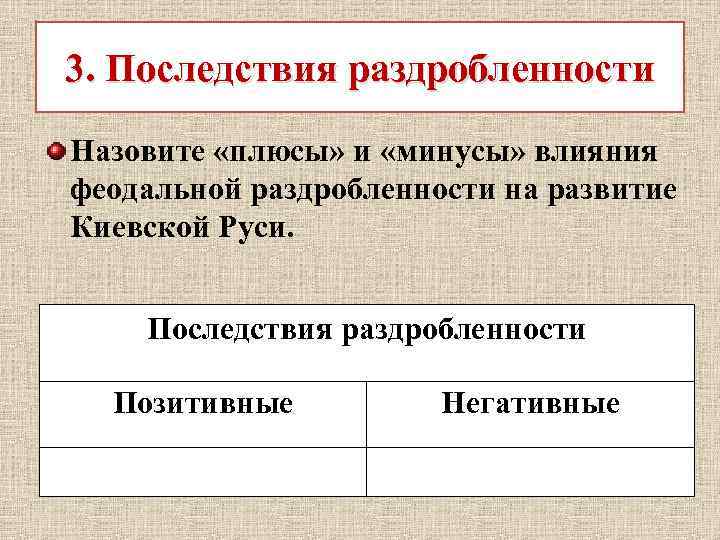 3. Последствия раздробленности Назовите «плюсы» и «минусы» влияния феодальной раздробленности на развитие Киевской Руси.