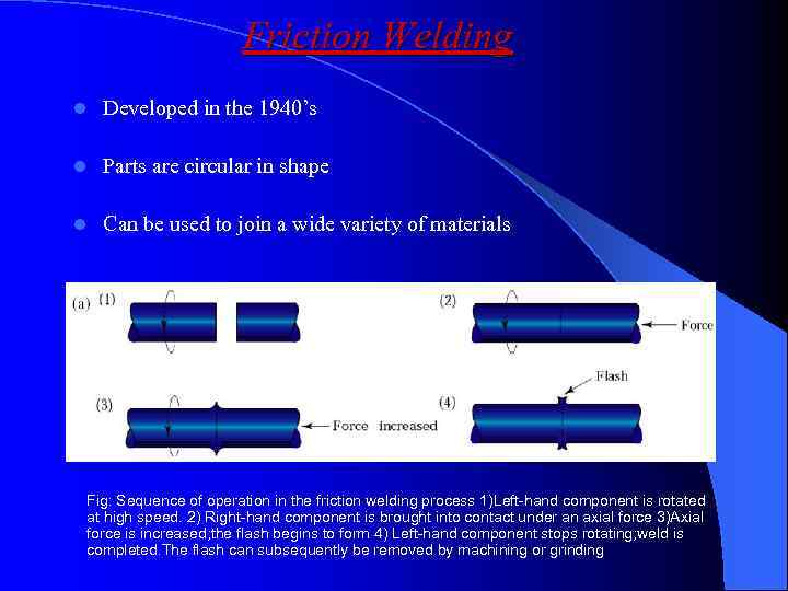 Friction Welding l Developed in the 1940’s l Parts are circular in shape l