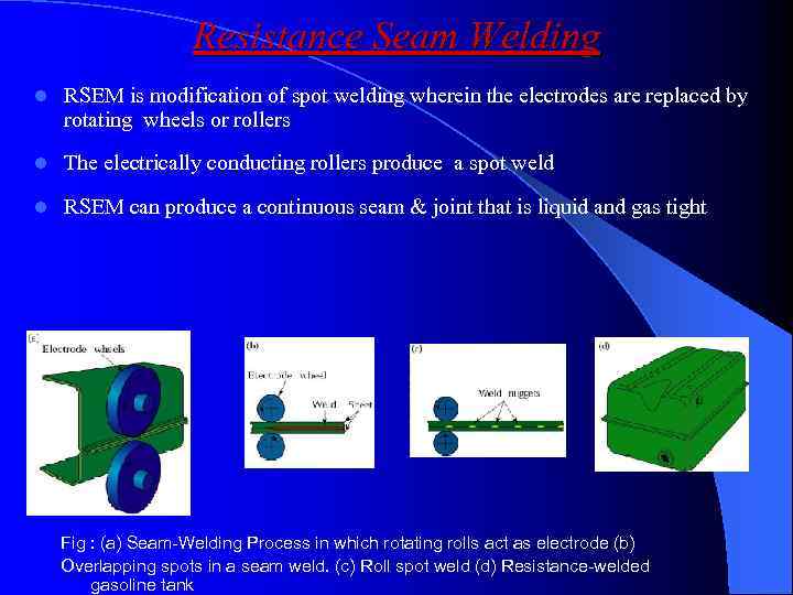 Resistance Seam Welding l RSEM is modification of spot welding wherein the electrodes are